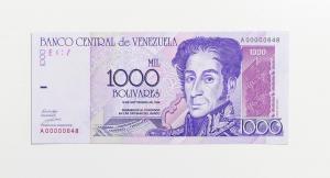 Billete UNC de Bs.1.000 ~10 Septiembre 1998~ Serie A-8 Nmero bajo: 648