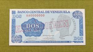 ESPCIMEN Billete de Bs.2 ~Octubre 5 1989~ Serie AA-7