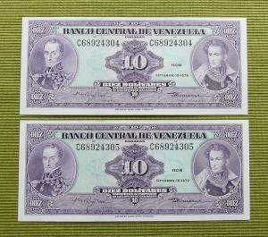 2 Billetes UNC de Bs.10 ~Septiembre 18 1979~ Serie C-8 Nmeros CONSECUTIVOS